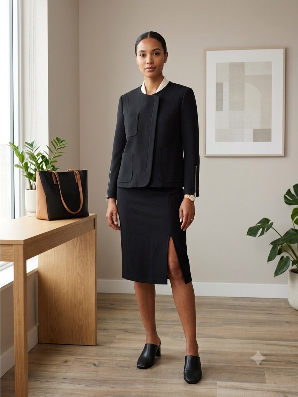 Dennis Merotto Black Wool Asymmetric Blazer & Skirt Suit Set - US 4 & 6